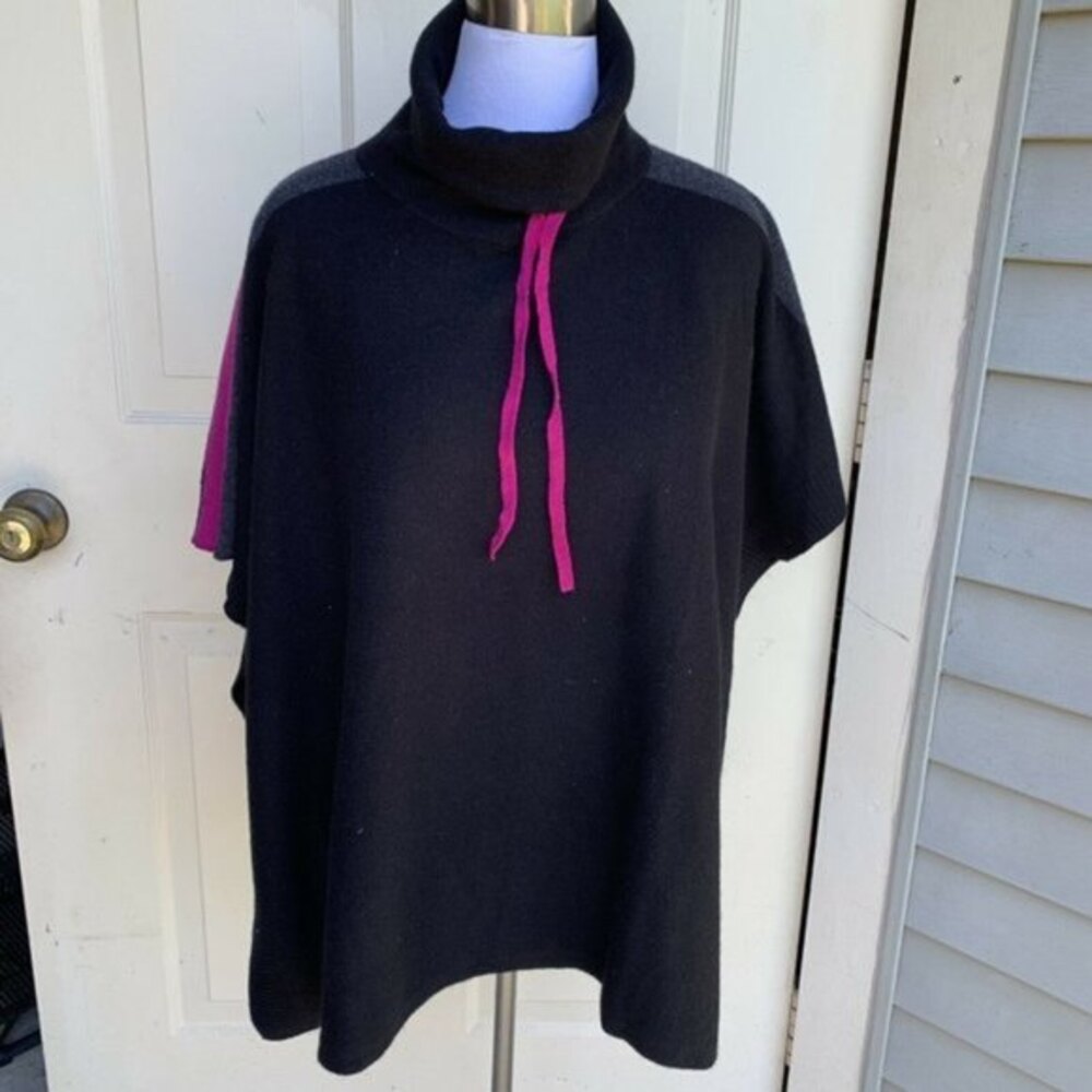 Black Tahari Cashmere Merino Wool Drawsting Mock Neck Poncho Sweater (NWT)